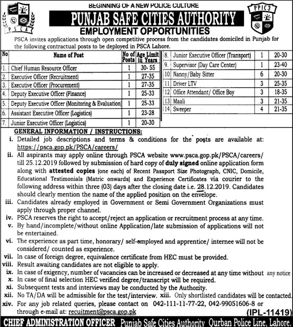 PSCA Jobs 2019 Punjab Police Punjab Safe Cities Authority 