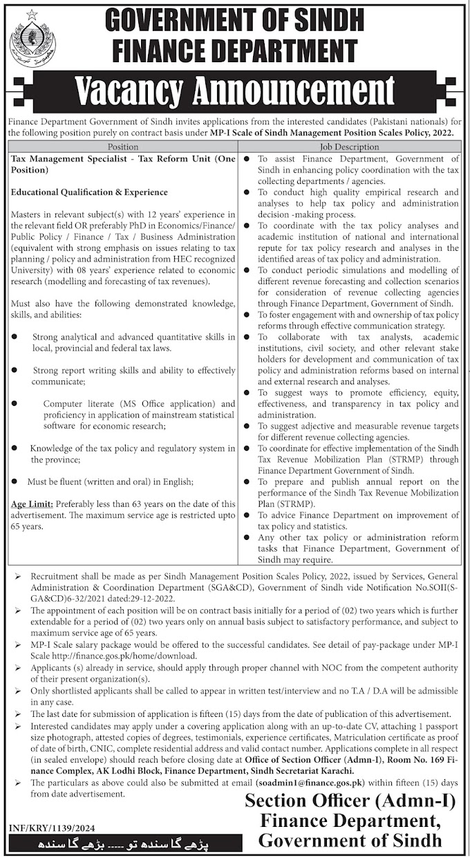 Tax Management Specialist at Finance Department, Sindh