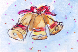 Watercolour drawing of bells in pink and gold.