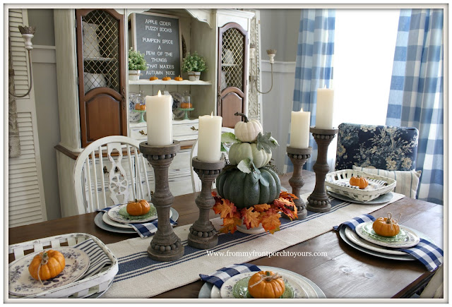 French Country Farmhouse Fall Dining Room-Place Settings-Tablescape-Pumpkin Topiary-From My Front Porch To Yours