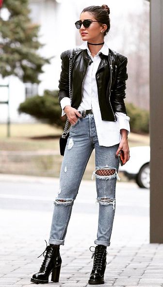street style perfection / moto jacket + white shirt + bag + heels + ripped jeans