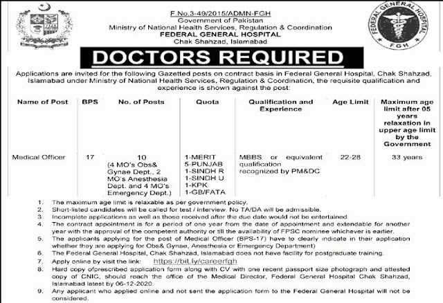 Federal General Hospital FGH Jobs in Islamabad