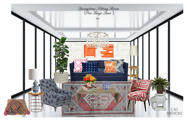 modern transitional bohemian interior design family room pink navy blue