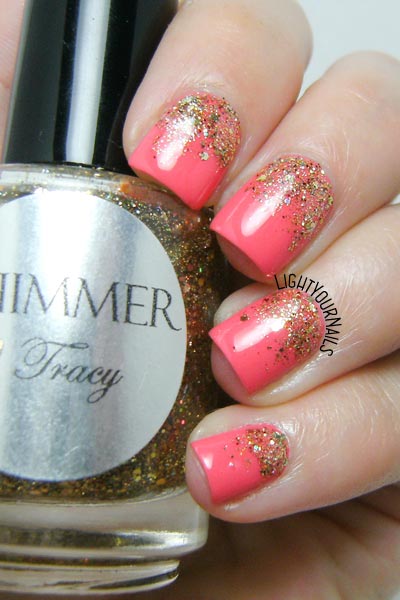 Coral and gold glittery gradient nail art