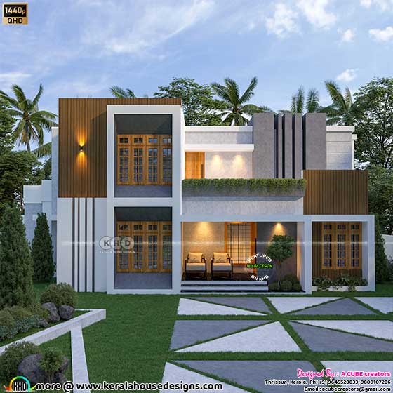 Exterior View of 2400 Sq.Ft. Modern Contemporary House with Grey Texture Paint and Wooden Panels