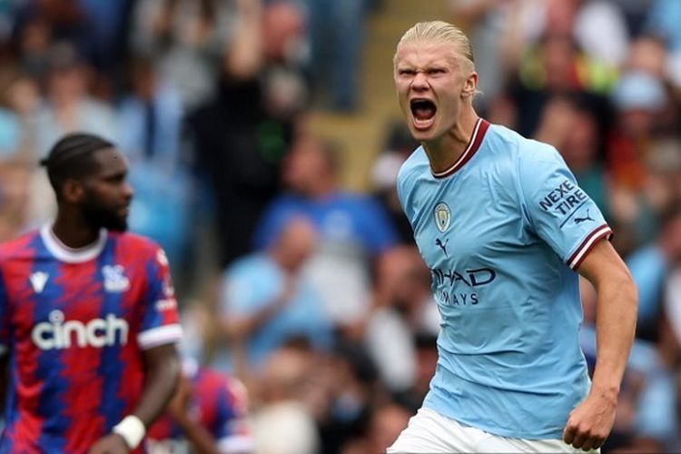 Ekspresi Erling Haaland seusai mencetak gol pada laga pekan keempat Liga Inggris 2022-2023 yang mempertemukan Man City vs Crystal Palace di Stadion Etihad, Sabtu (27/8/2022) malam WIB. Hasil Man City vs Crystal Palace adalah 3-2 untuk kemenangan tuan rumah