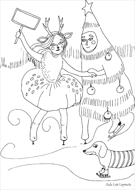 Christmas tree deer winter ice skating coloring sheet