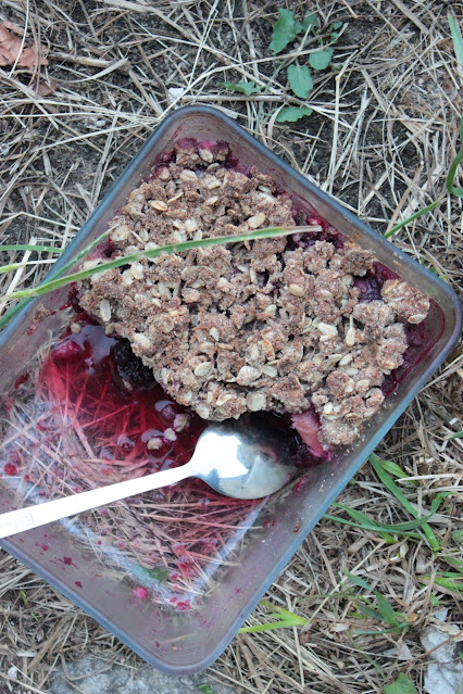 Crumble aux poires et aux mûres sauvages vegan