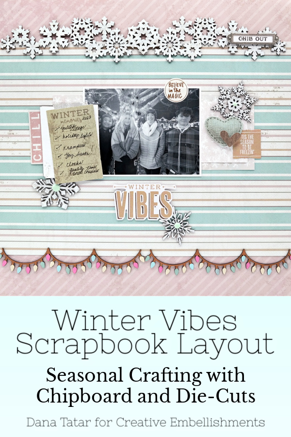 Winter vibes scrapbook layout featuring frosty chipboard embellishments coated in white paint and glitter using the Simple Stories Winter Woods line.