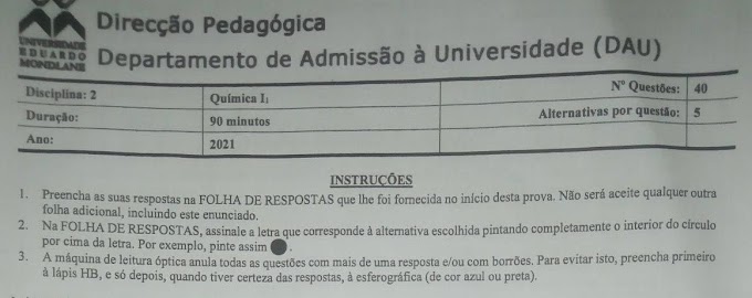 RESOLUÇÃO DO EXAME DE ADMISSÃO DE QUÍMICA I – UEM 2021