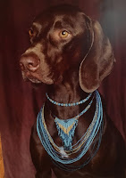 Brown dog wearing turquoise color jewelry