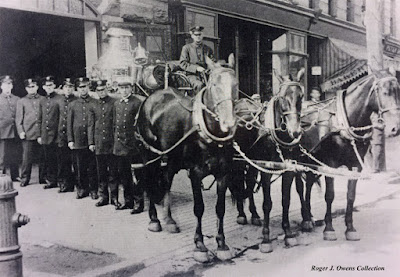 Historic photo of Engine Company 38 horse team, pumper and crew