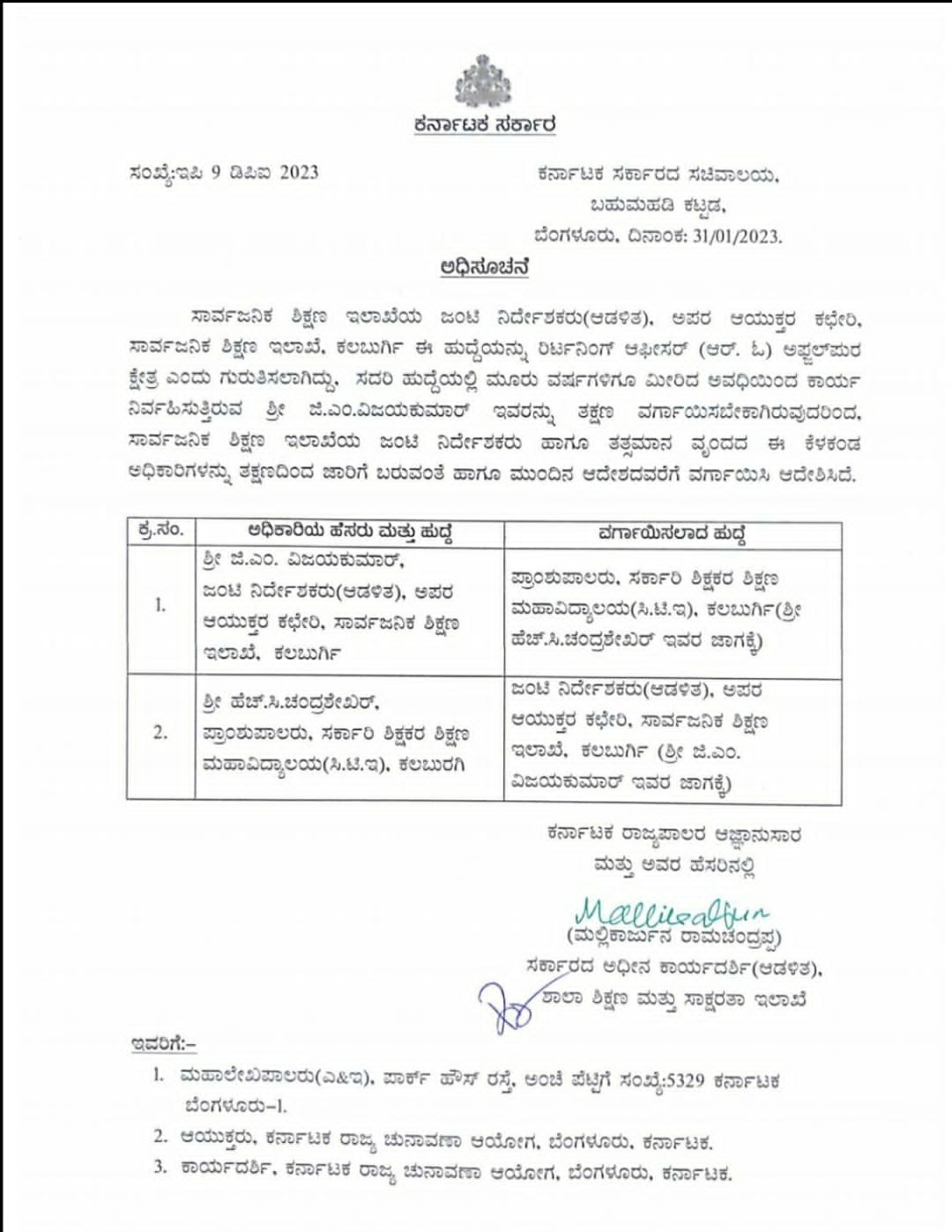 Transfer order of Joint Director of Public Education Department and officers of equivalent category