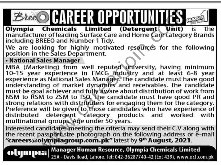 Olympia Chemicals Ltd Jobs National Sales Manager