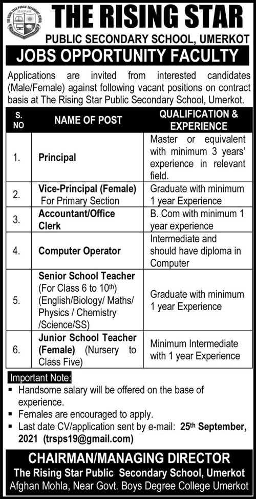 The Rising Star Public Secondary School Umerkot Sindh Jobs 2021