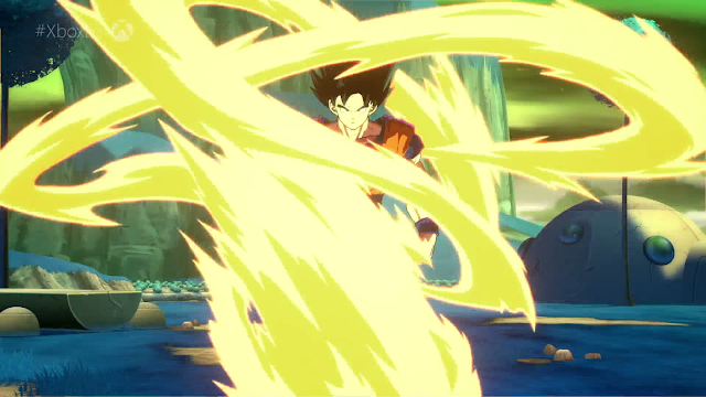 Goku Dragon Ball FighterZ about to go Super Saiyan yellow light energy