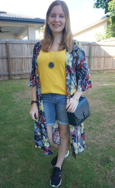 navy floral print duster kimono with mustard yellow tank bermuda denim shorts and rebecca minkoff love too bag | awayfromblue