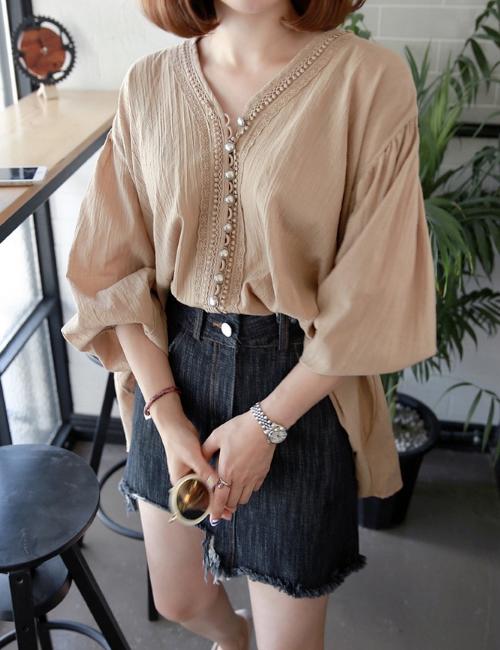  V-Neck Button-Front Loose Blouse