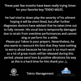 Tekno's management releases statement on the state of his health