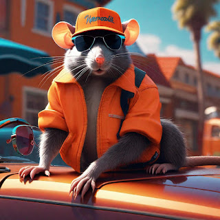 A super cool '80s rat in sunglasses, wearing a cap and jacket in Da-Glo orange.