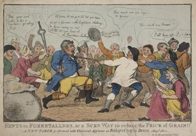 A satirical cartoon depicting a fat 'forestaller' being dragged along by a rope round his neck by a chain of countrymen, to the cheers of a crowd. On of them shouts: “How much now you rogue in grain?” Illustration by Isaac Cruikshank