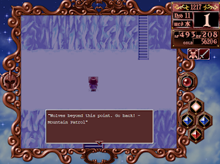 The daughter reads a sign on the Northern Mountain in Princess Maker 2.