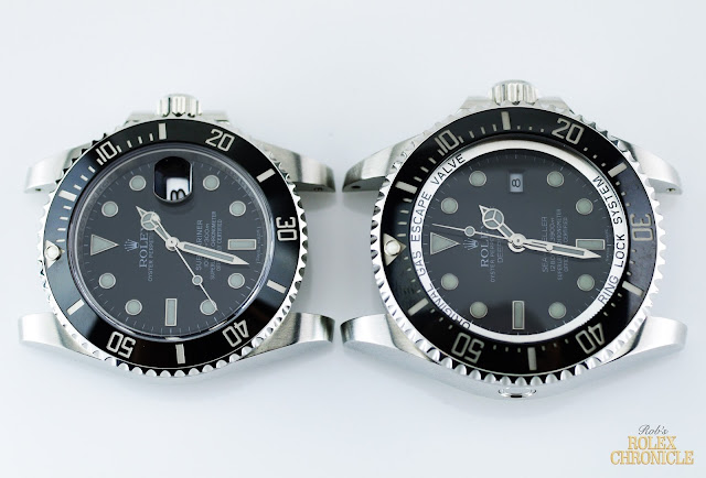 picture of Dials of rolex Submariner (left) and Deepsea (right) Side by Side