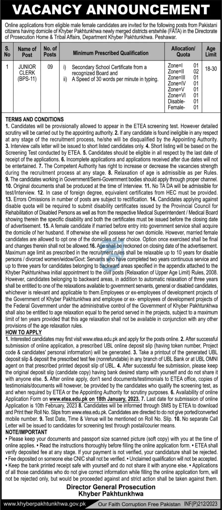 Advertisement of KPK Directorate of Prosecution Jobs 2023