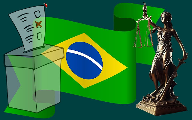 Composição: bandeira do Brasil, estátua da Justiça e urna eleitoral.