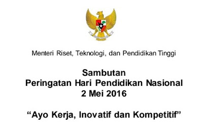 Sambutan Peringatan Hari Pendidikan Nasional 2 Mei 2016 Oleh Menteri Riset, Teknologi dan Pendidikan Tinggi