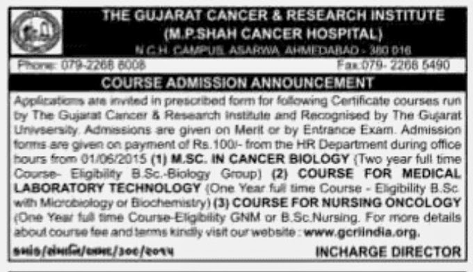 The Gujarat Cancer & Research Institute Course Admission Notification 2015