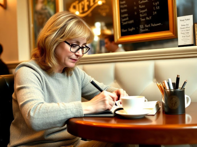 "J.K. Rowling writing the Harry Potter series at a café in Edinburgh."