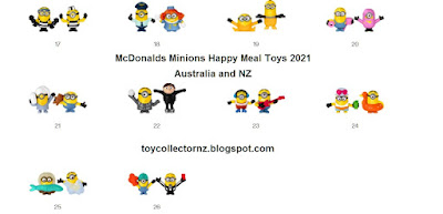 McDonalds Minions Happy Meal Toys 2021 Australia and New Zealand Toys 34-52 which came in sets of two with the chance of a rarer gold minion