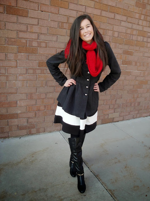 military chic, military jacket, military inspired, red scarf, downeast basics, downeast, deb shops, frill skirt, fit and flare skirt, fit and flare, black and white skirt, marc fisher boots, marc fisher, boots, booties, riding boots, pretty