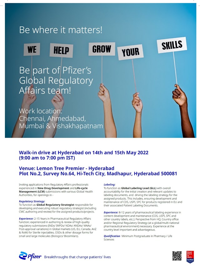 Pfizer Limited | Walk-in interview at Hyderabad for RA/Labelling professional on 14th & 15th May 2022