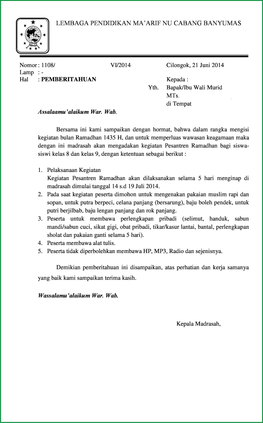 Surat Pemberitahuan Pesantren Kilat/Ramadhan 1435 H 