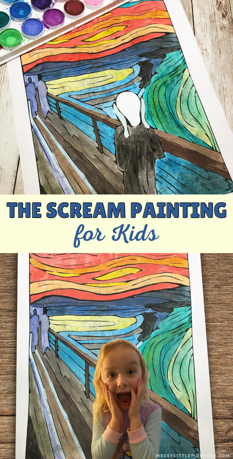 Edvard Munch The Scream Painting for kids with printable. Halloween art project and self portrait for kids.