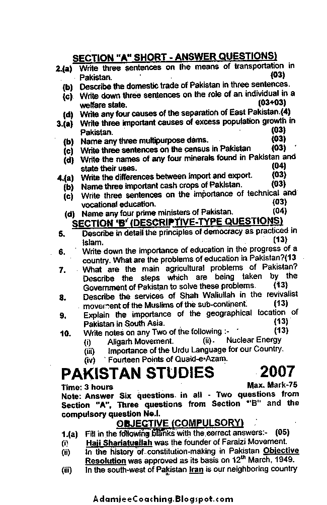 IX Pakistan Studies Past Year Papers