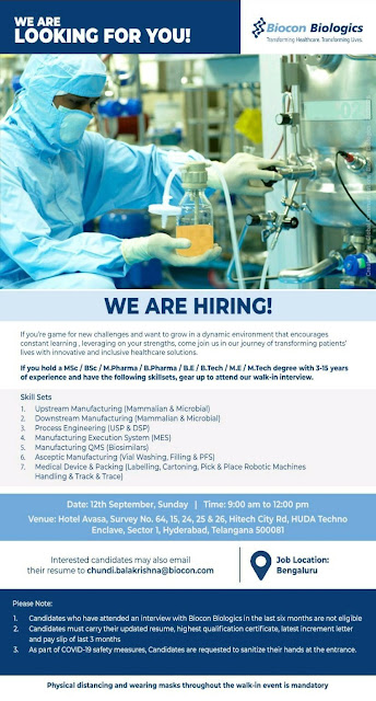 Job Availables, Biocon Biologics  Walk-In Interview for B.Sc, M.Sc, B.Pharm, M.Pharm, Diploma, B.E, B.Tech, M.E, M.Tech Graduates