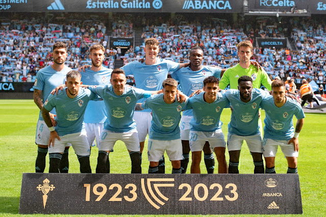 REAL CLUB CELTA DE VIGO. Temporada 2023-24. Unai Núñez, Óscar Mingueza, Jørgen Strand Larsen, Joseph Aidoo, Iván Villar. Carles Pérez, Iago Aspas, Fran Beltrán, Hugo Sotelo, Jonathan Bamba, Franco Cervi. REAL CLUB  CELTA DE VIGO 0 🆚 CLUB ATLÉTICO OSASUNA 2 Domingo 13/08/2023, 17:00 horas. Campeonato de Liga de 1ª División, LaLiga EASports, jornada 1. Vigo, Pontevedra, estadio ABANCA Balaídos: 20.269 espectadores. GOLES: ⚽0-1: 24’, Rubén García. ⚽0-2: 74’, Moi Gómez.