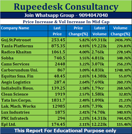 Price Increase & Vol Increase In Mid Cap