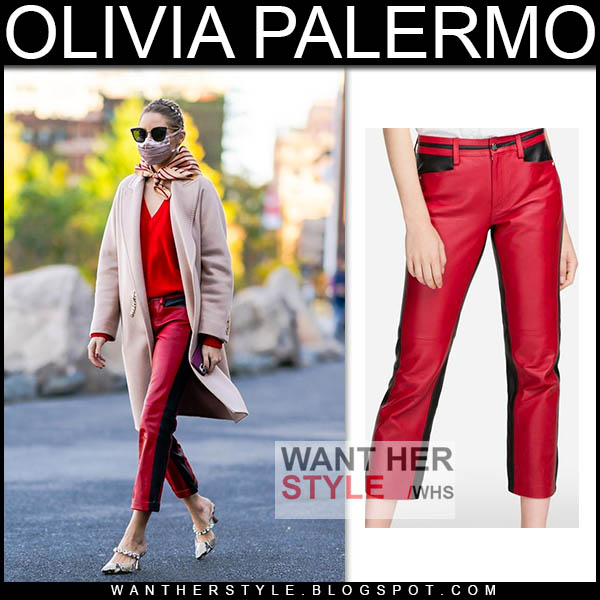 Olivia Palermo in red leather pants and beige coat