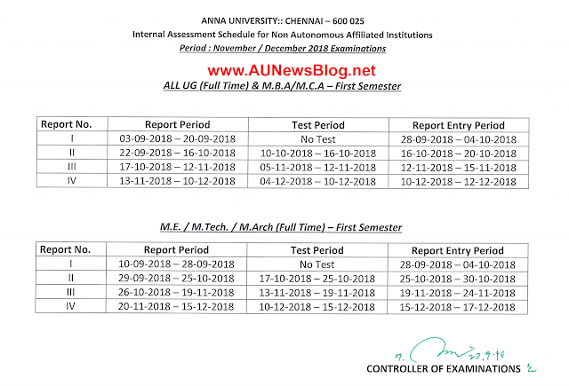 Anna University First Semester Internal Mark & Assessment Schedule details for Nov Dec 2018