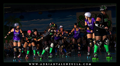 Roller Derby Photos, Roller Derby Photography, Adrian Valenzuela, Silicon Valley Roller Girls, Angel City Derby Girls, Feisty Irish Whips Pia Mess, Feisty Irish, Death by Dollface, Pia Mess