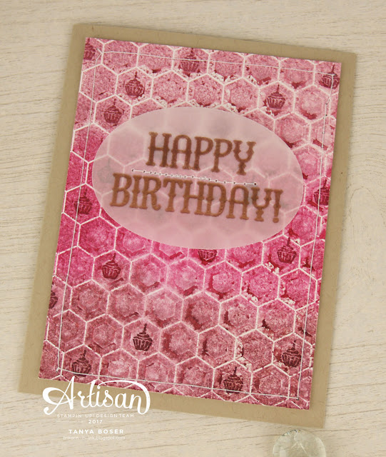 Acheive this look by sponging ink onto an embossing folder, lightly spritzing watercolor paper with water, then run it through a die cut machine. Made using Stampin Up Window Shopping stamp set and Hexagons embossing folder. Tanya Boser for the Stamp Review Crew