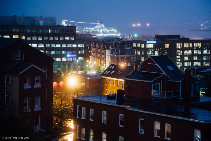 Portland, Maine USA October 2017 photo by Corey Templeton. A rainy night view over the Old Port, featuring a visiting cruise ship in the distance.