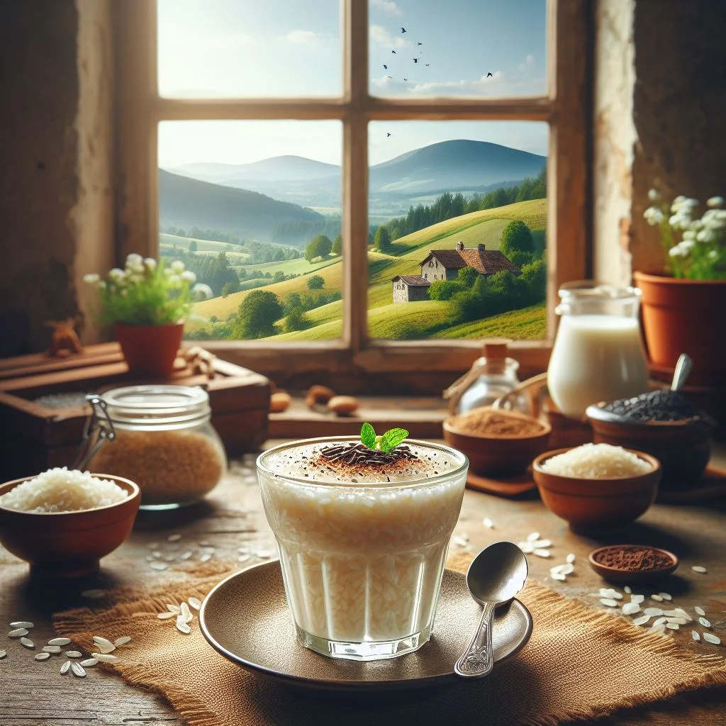 plato de arroz con leche frente a una ventana con vista al campo