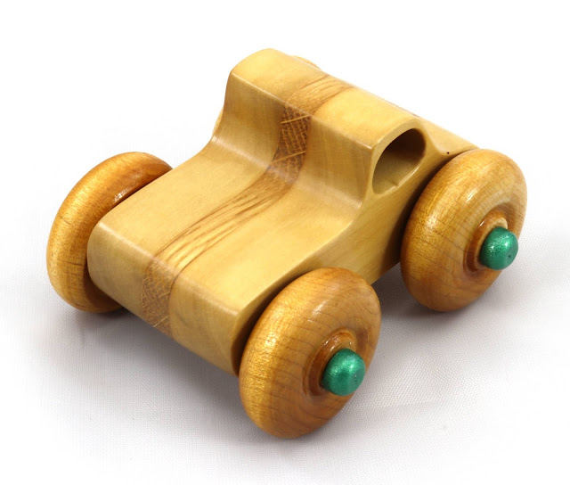 Handmade Wood Toy Play Pal Monster Truck Laminated Oak and Poplar Amber Shellac Metallic Green Hubs
