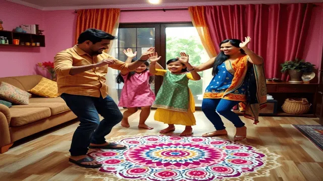 A family dancing to Bollywood music in their living room. Parents and two kids laugh while doing Bhangra moves.