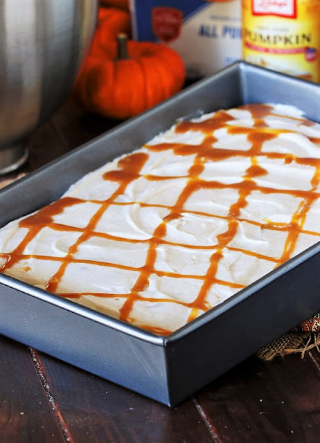 Caramel Pumpkin Poke Cake in Baking Pan Image